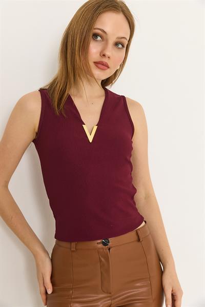 V Yaka Sıfır Kol Triko Bluz Bordo