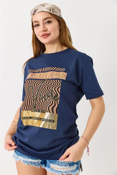 Kadın Parlak Yazılı Baskılı Tshirt Lacivert