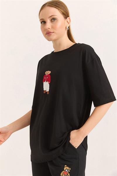 Ayıcık Nakışlı Rahat Kalıplı Tshirt Siyah