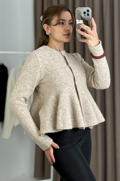 Kadın Volanlı Yumoş Triko Hırka VİZON