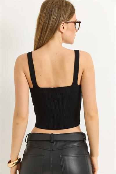 Gül Motifli Triko Crop Bluz Siyah