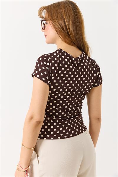 Kadın Puantiyeli Bisiklet Yaka Kısa Kollu Bluz Kahverengi