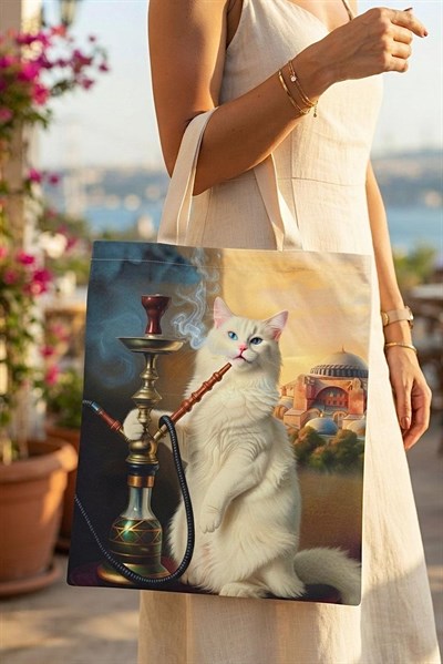 Kadın Nargileli Şık Kedi Tasarımlı 40X32 Ölçülü Bez Omuz Çantası Karışık