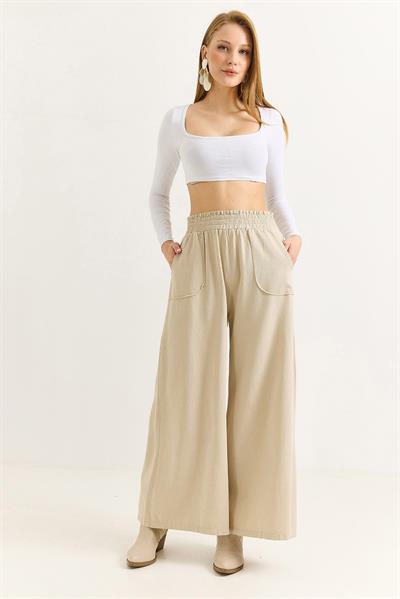 Kadın Pantalon Geniş Paça Cepleri Dikiş Detaylı  Pantalon Bej