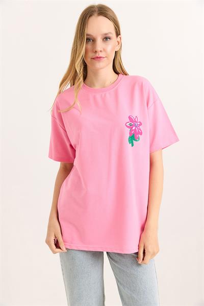Baskılı Bisiklet Yaka Basic Tshirt Pembe