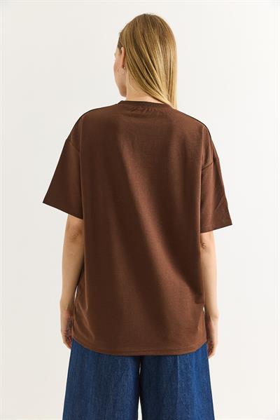 Ayıcık Nakışlı Rahat Kalıplı Tshirt Kahverengi