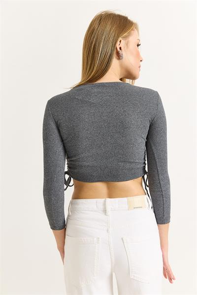 Kadın Yanlardan İp Büzgülü Crop Fitilli Bluz Gri