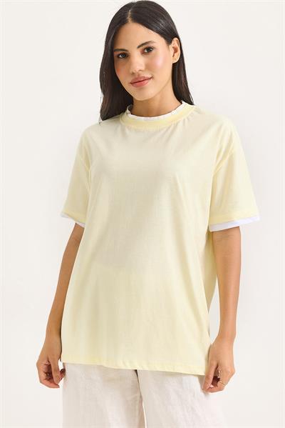 Bisiklet Yaka Kolları Garnili Kadın T-shirt Sarı