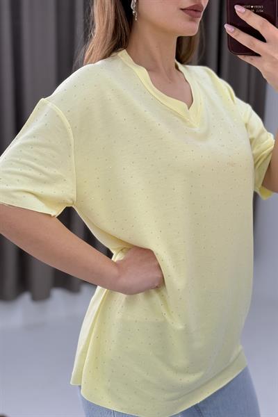 V Yaka Taşlı Yarım Kol T-shirt  Sarı