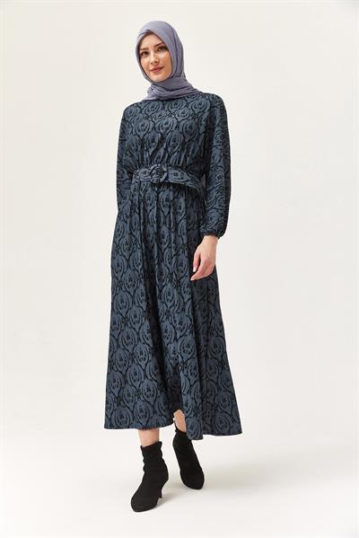 Desenli Bel ve Bilek Lastikli Elbise İndigo