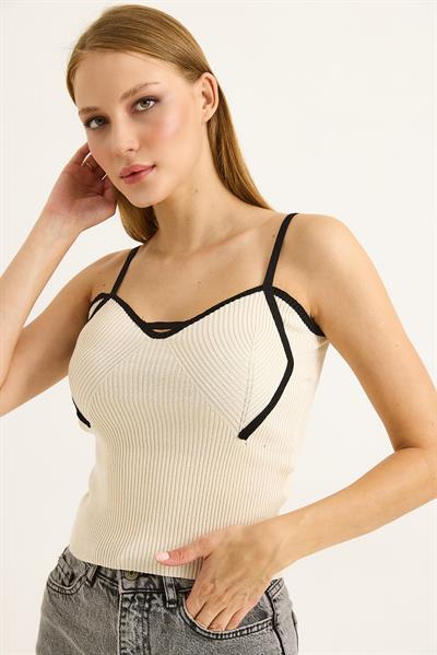 İp Askılı Kadın Triko Crop Bluz Bej