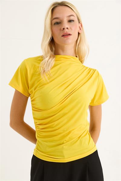 Kısa Kol Büzgülü Bisiklet Yaka Bluz Sarı