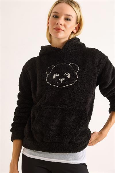 Kapüşonlu Nakış İşlemeli Peluş Sweatshirt  Siyah