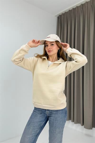 Kadın Vizon Yarım Fermuarlı Üç İplik Sweat 