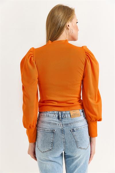 Kadın Hakim Yaka Prenses Kol Örme Bluz Turuncu
