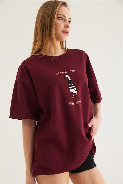 Bisiklet Yaka Oversize Baskılı Tshirt Bordo