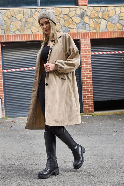 Oversize Hafif Modern Düğmeli Trençkot Bej