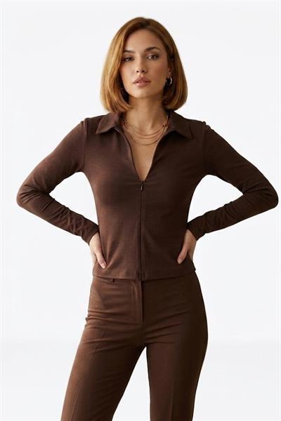 Kadın Polo Yaka Önü Fermuarlı Crop Bluz Kahverengi