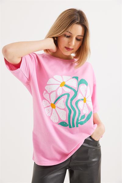 Baskılı Bisiklet Yaka Tshirt Pembe