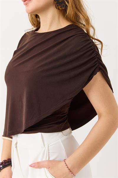 Kadın Sandy Pelerinli Yarım Kollu  Bluz Kahverengi