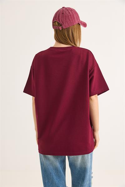 Alo Nakışlı Oversize Unisex Tshirt Bordo