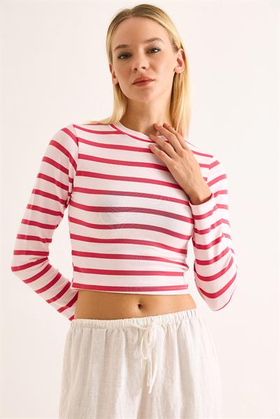 Kadın Çizgi Desenli Crop Bluz Fuşya