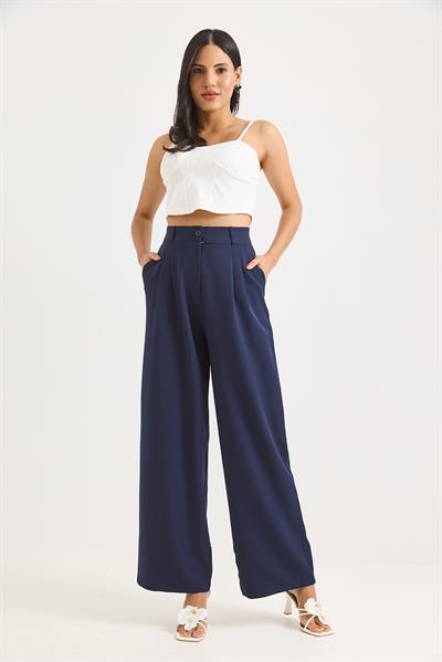 Yüksek Bel Bol Paça Pantalon Lacivert