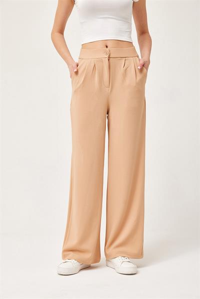 Yüksek Bel Cepli Palazzo Pantolon Bej
