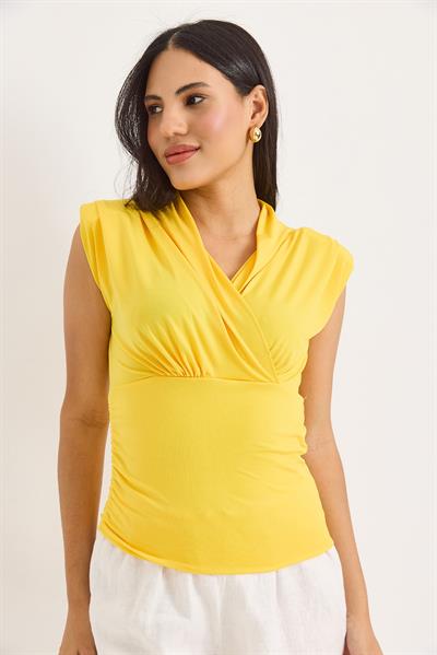 Kruvaze Yaka Vatkalı Sıfır Kol Bluz Sarı
