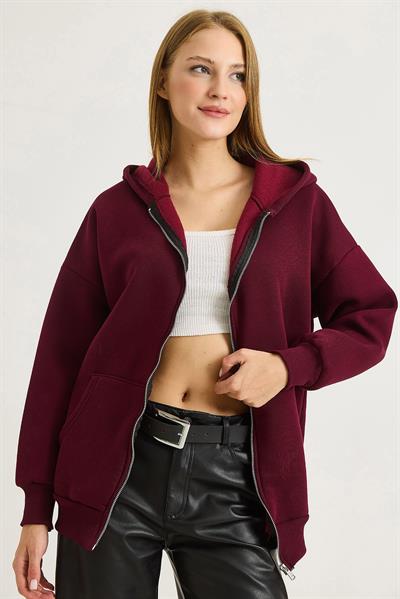 Kadın Oversize Kapüşonlu Fermuarlı Hırka Bordo