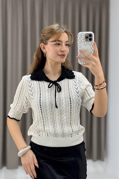 Polo Yaka Ajurlu Triko Bluz Bej