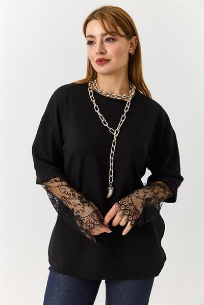 Kadın Kolu Tül Detaylı Oversize Tshirt Siyah