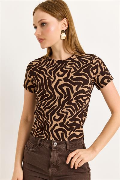 Zebra Desen Fitilli Örme Kumaş Kahverengi Bluz