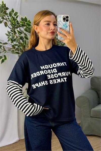 Kadın Yazı Baskılı Kolları Çizgili Bisiklet Yaka Tshirt Lacivert