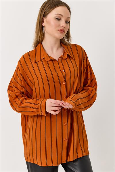Kadın Çizgili Oversize Turuncu Gömlek