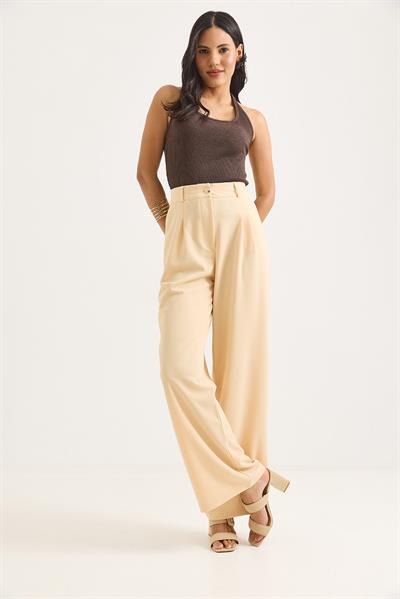 Yüksek Bel Bol Paça Pantalon Bej