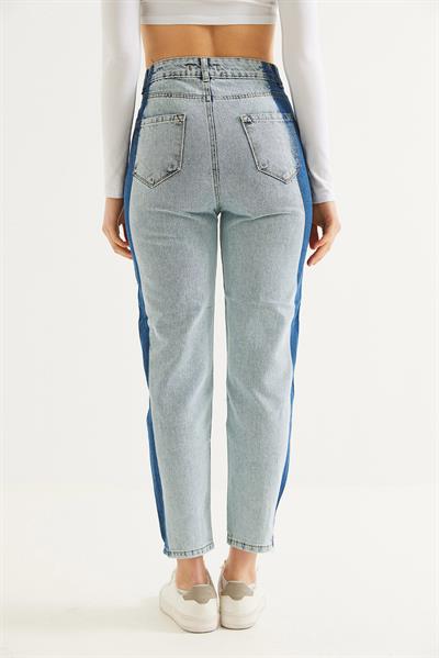 Çift Renk Yüksel Bel Mom Jean Mavi