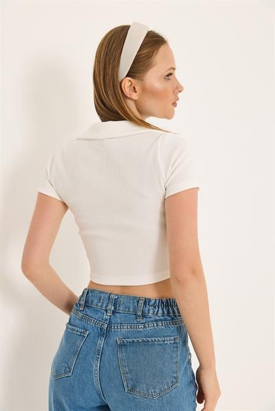 Yakalı Baskı Detaylı Fermuarlı Crop Bluz Beyaz