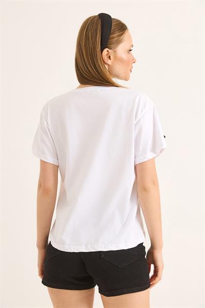 Fiyonk Detaylı Fit Pamuk Tshirt Beyaz
