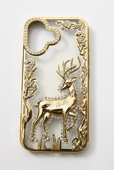İphone 16 Uyumlu Geyik ve Çiçek Kabartmalı Kılıf Gold