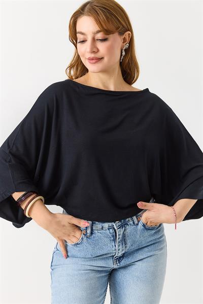 Kadın Kaşmir Yumuşak Kayık Yaka Pelerin Detaylı Bluz Siyah
