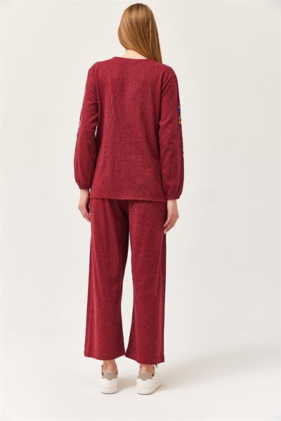 Hera Kumaş Önü ve Kolları İşlemeli İkili Takım Bordo