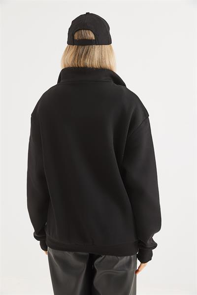  İçi Şardonlu Baskılı Fermuarlı Sweatshirt  Siyah