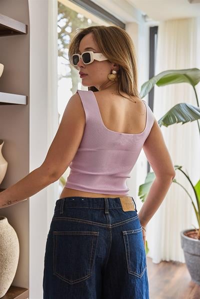  Kare Yaka Crop Triko Bluz Lila