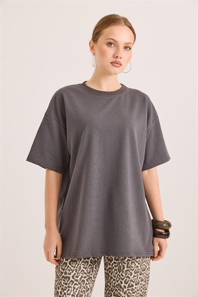 Oversize Bisiklet Yaka Basic Tshirt Füme