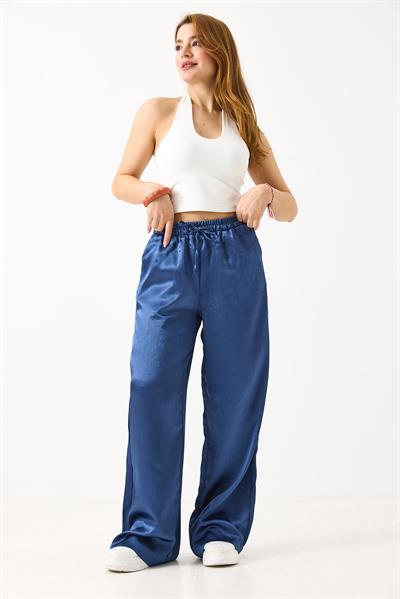 Kadın Saten Bol Kesim Salaş Beli Lastikli Pantolon Petrol Mavisi