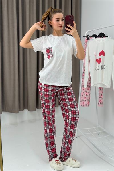Bisiklet Yaka Beli Lastikli Pijama Takım Kırmızı