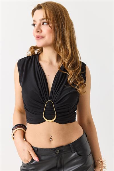 Kalın Askılı Sundy Kumaş Gold Toka Detaylı Bluz Siyah