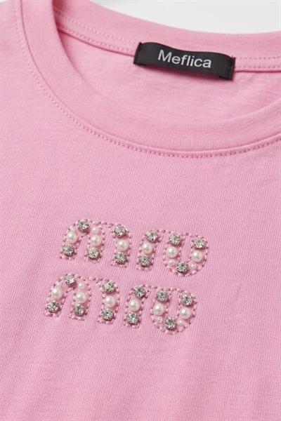 Kadın Bisiklet Yaka Kısa Kollu Crop Bluz Pembe