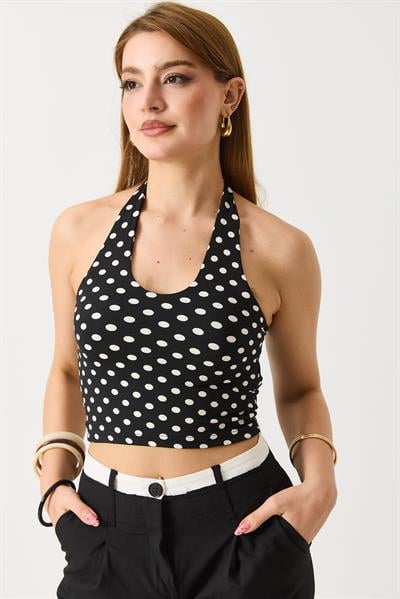 Kadın Boyundan Askılı Puantiyeli Crop Bluz Siyah